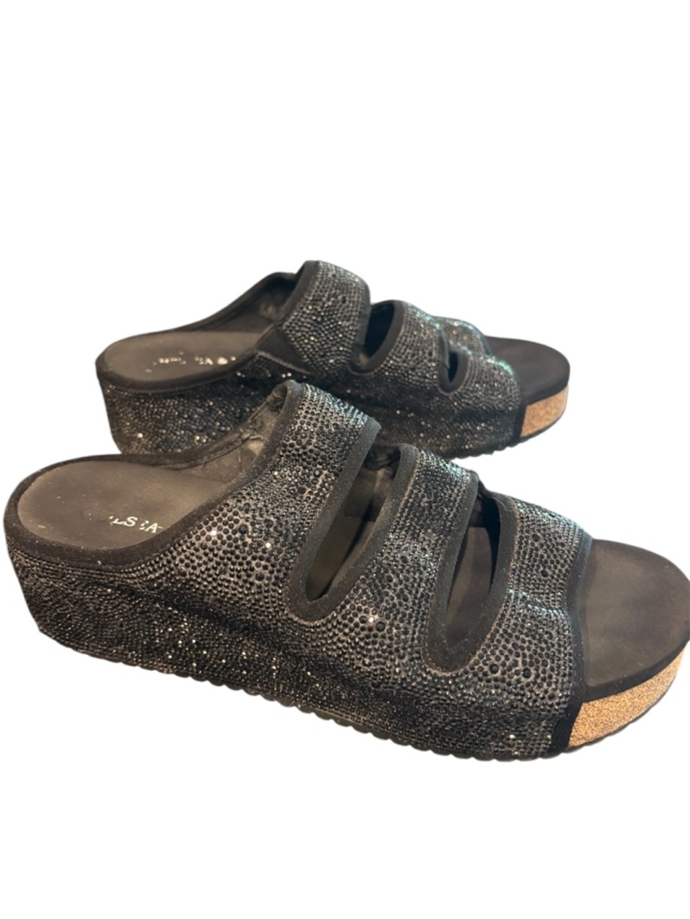 Chelsea & Violet  Black Glitter Triple-Strap Platform Mules